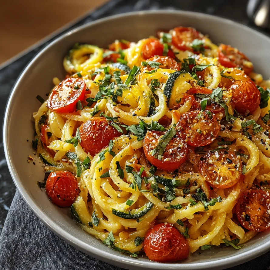 A bowl of pasta with tomatoes and zucchini.