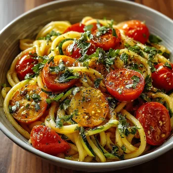 A bowl of pasta with tomatoes and zucchini.