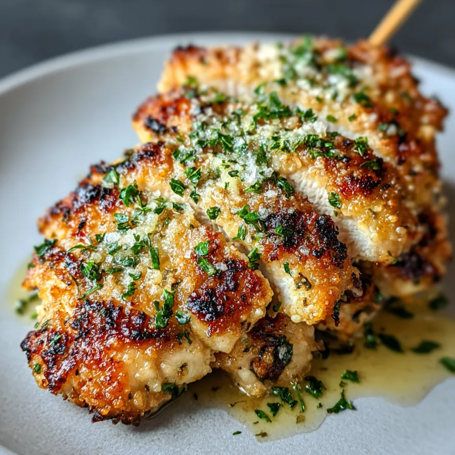 A piece of chicken with garlic and Parmesan cheese on it.
