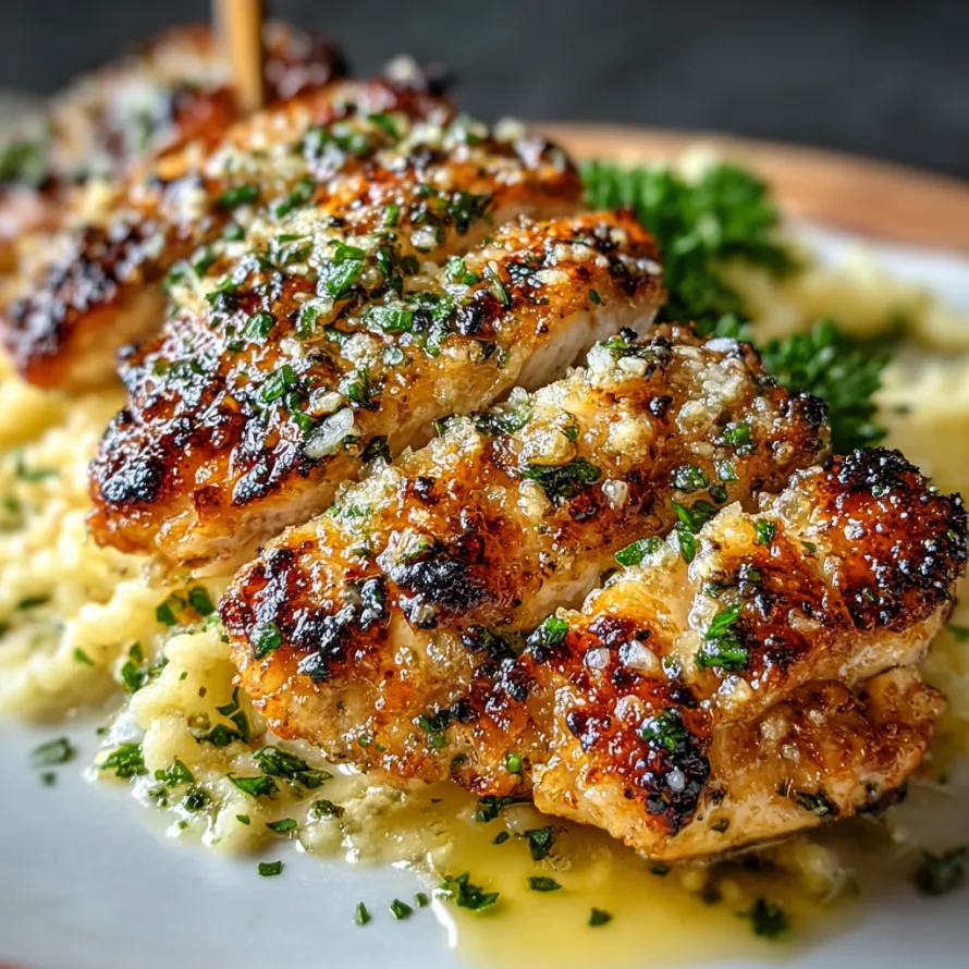 A plate of chicken with garlic and Parmesan cheese.