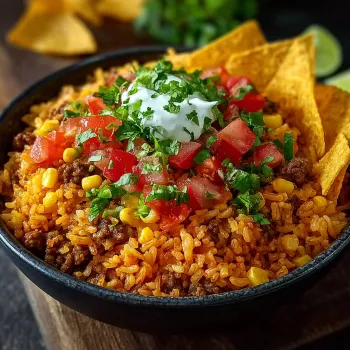 A bowl of rice with meat and tomatoes on top.