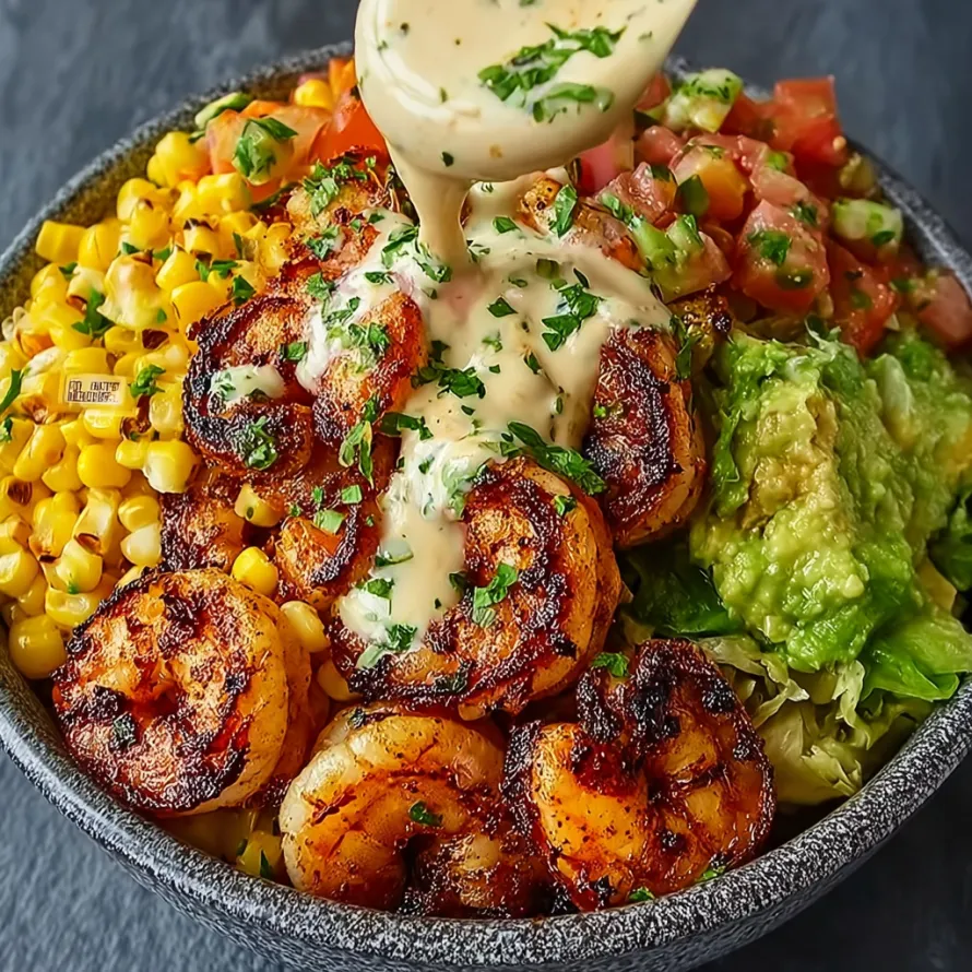 A bowl of food with shrimp, corn salsa, avocado, and creamy sauce.