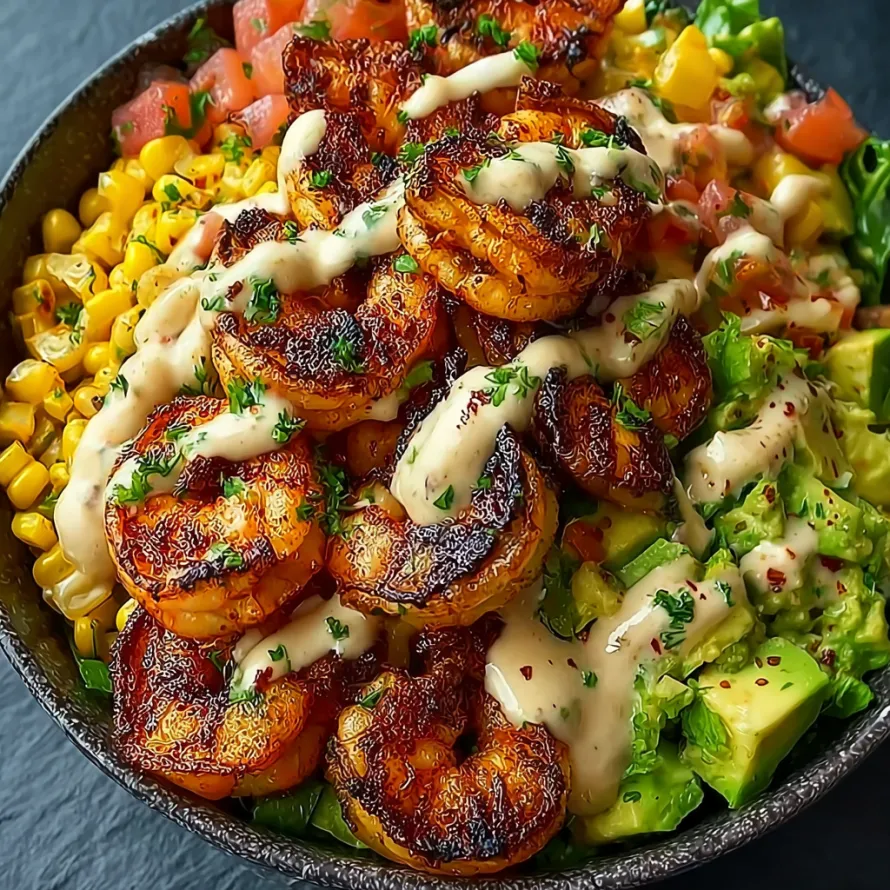 A bowl of food with shrimp, avocado, corn salsa, and creamy sauce.