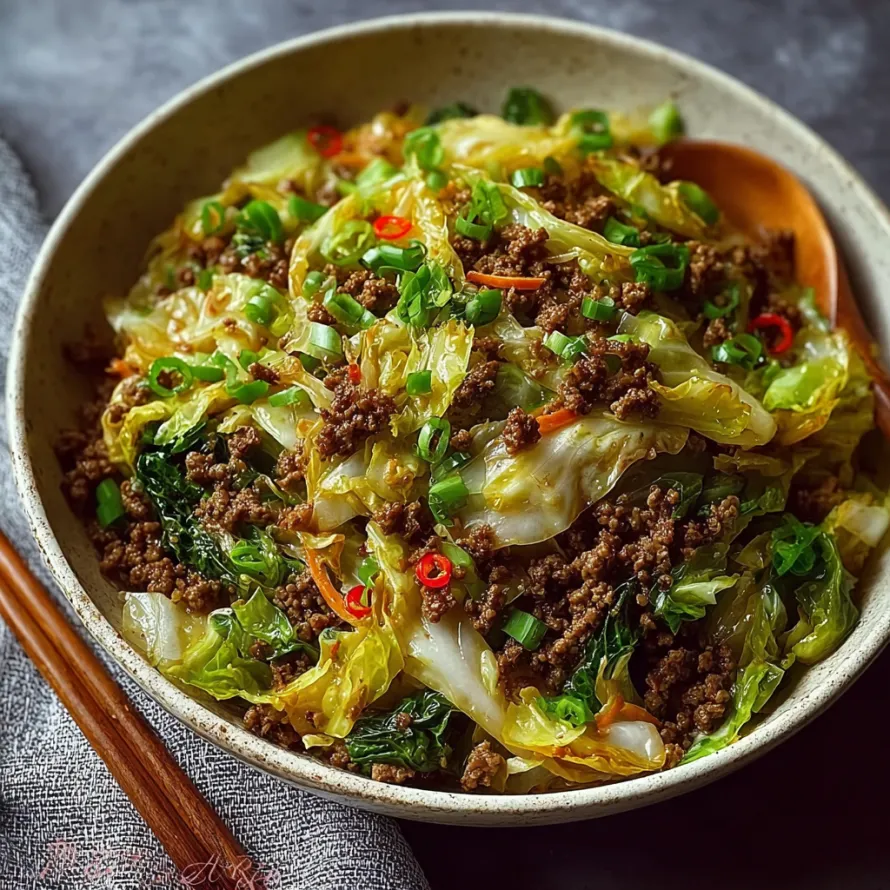 A bowl of beef and cabbage.