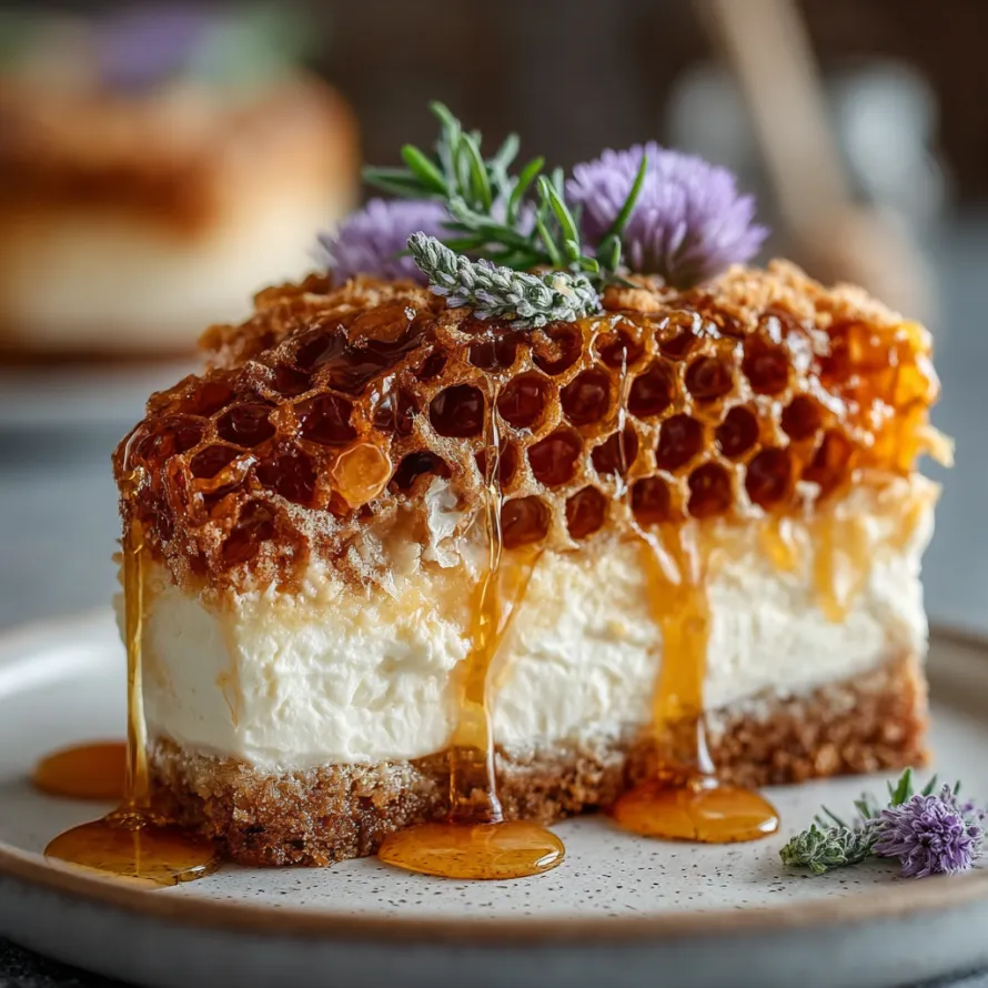 A slice of crunchy and creamy honeycomb cheesecake cake.
