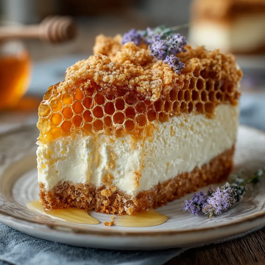 A slice of crunchy and creamy honeycomb cheesecake cake.