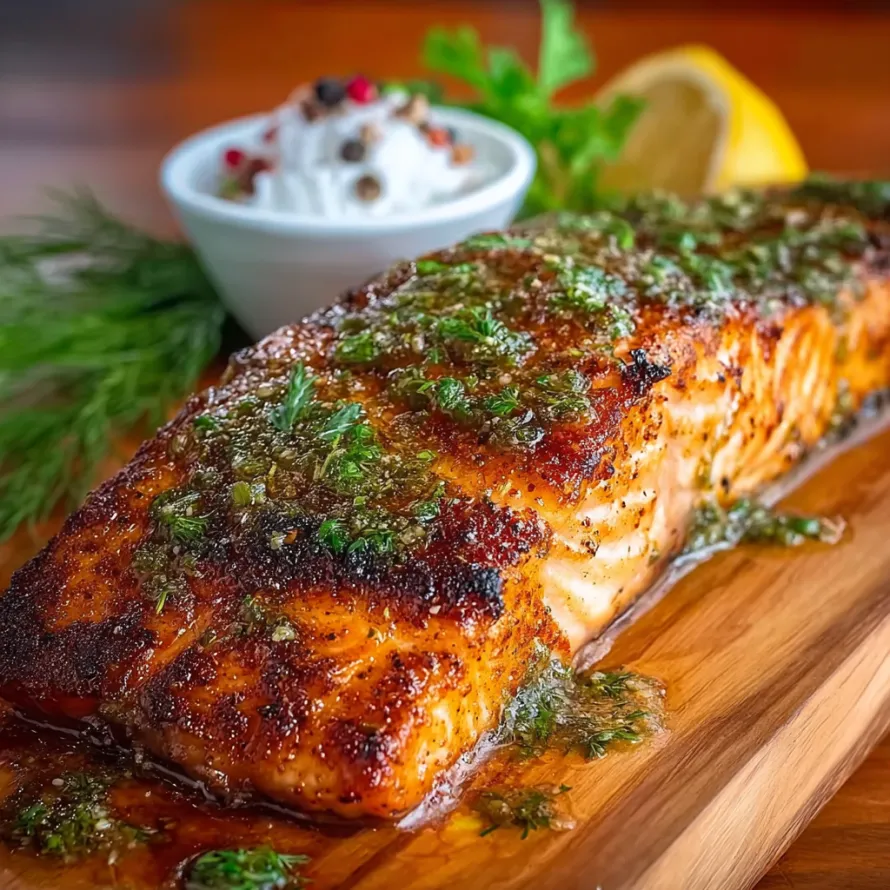 A piece of salmon on a wooden plank.