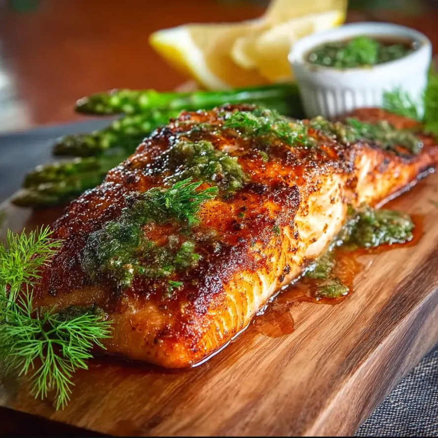 A piece of salmon on a wooden plank.