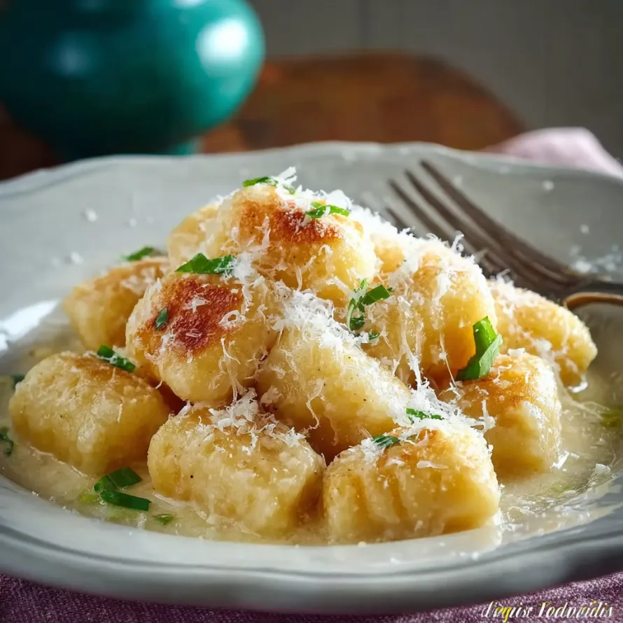 A plate of gnocchi with cheese and herbs.