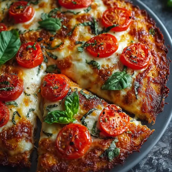 A slice of Margherita pizza with tomatoes and basil.