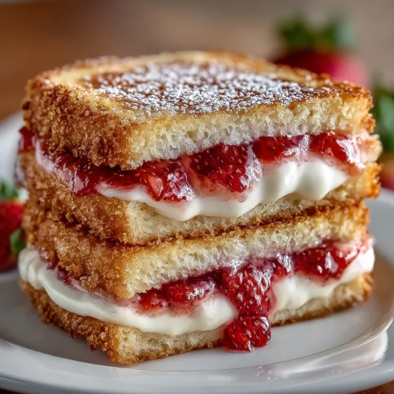 A stack of fried strawberry cheesecake sandwiches.