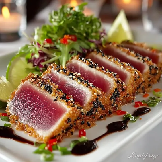 Ahi tuna with black sesame seeds.
