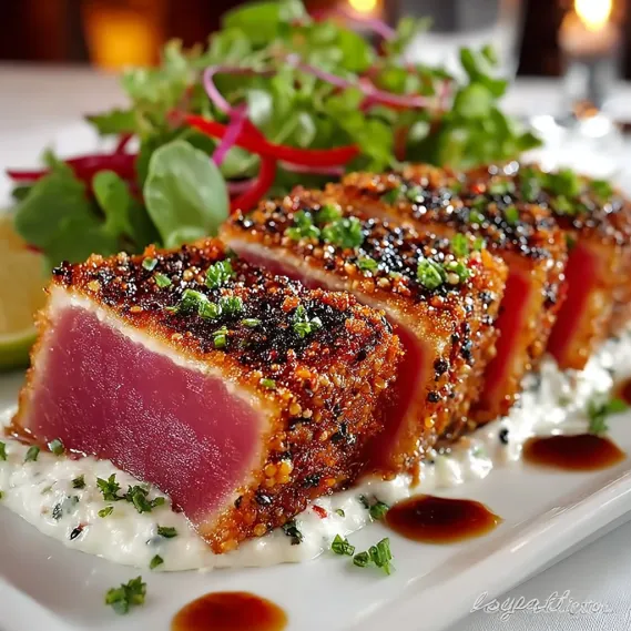 Ahi tuna with sauce and vegetables.