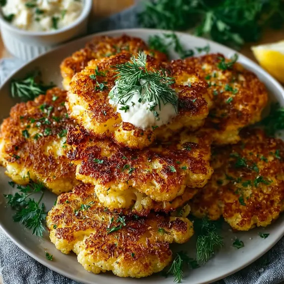 A plate of cauliflower fritters with a dollop of sour cream on top.