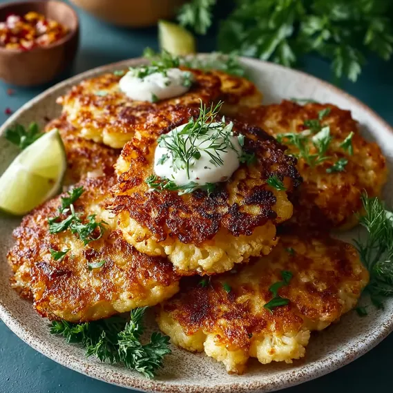A plate of cauliflower fritters with a dollop of sour cream on top.