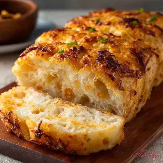 A slice of soft cheesy onion bread.