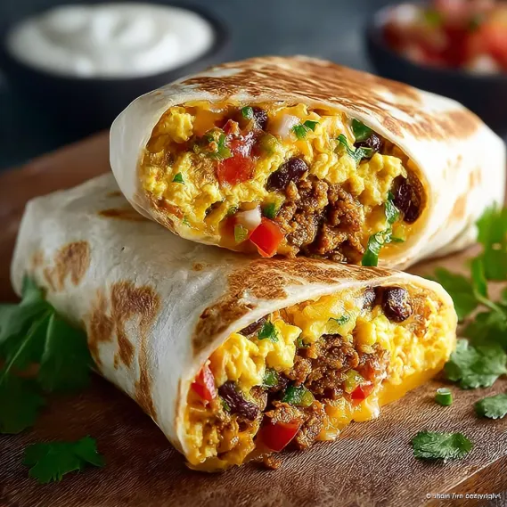 Two high protein breakfast burritos with eggs, beans, and tomatoes.