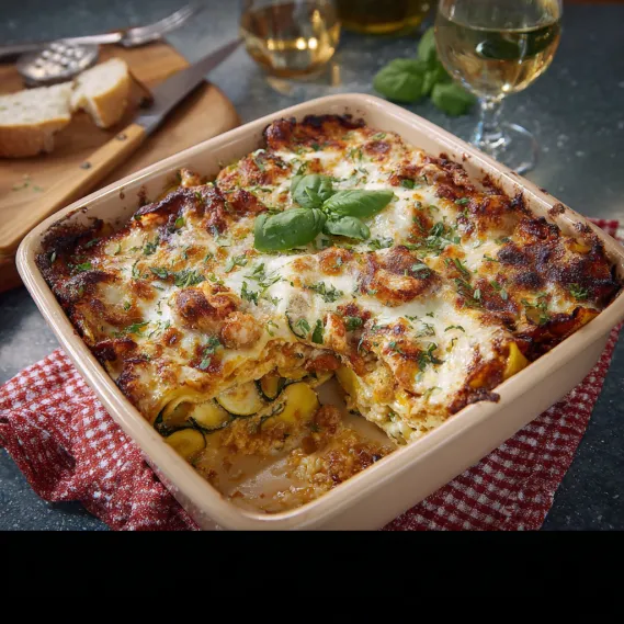 A seafood lasagna with creamy cheese.