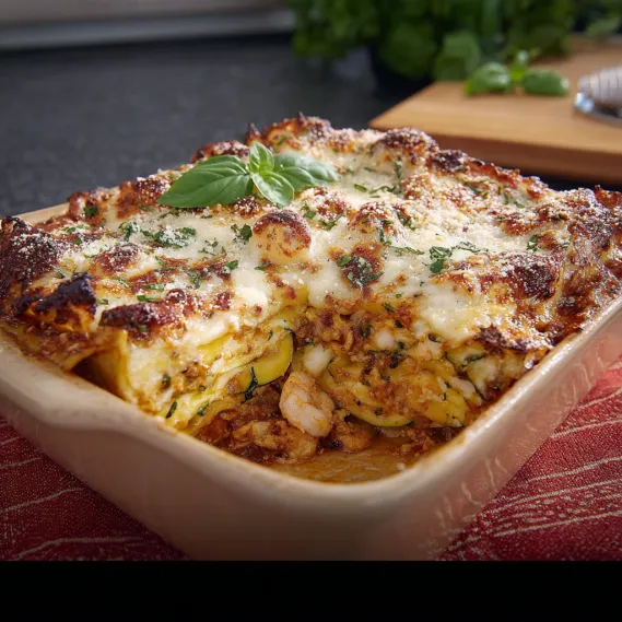 A seafood lasagna with creamy cheese.
