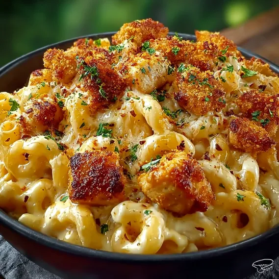 A bowl of creamy honey pepper chicken mac and cheese delight.