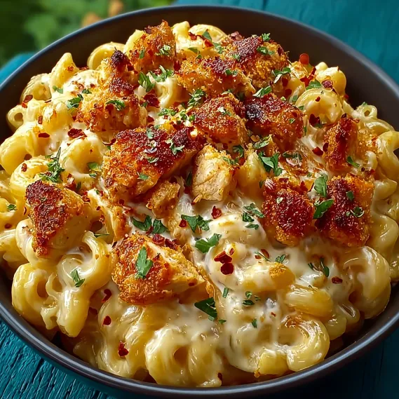 A bowl of creamy honey pepper chicken mac and cheese.