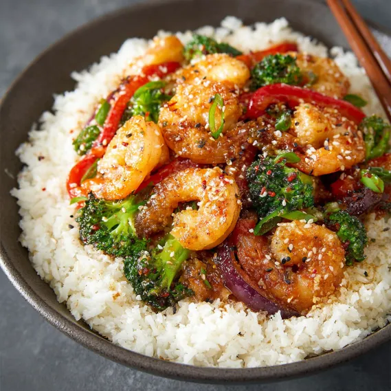 A bowl of shrimp stir fry with rice.