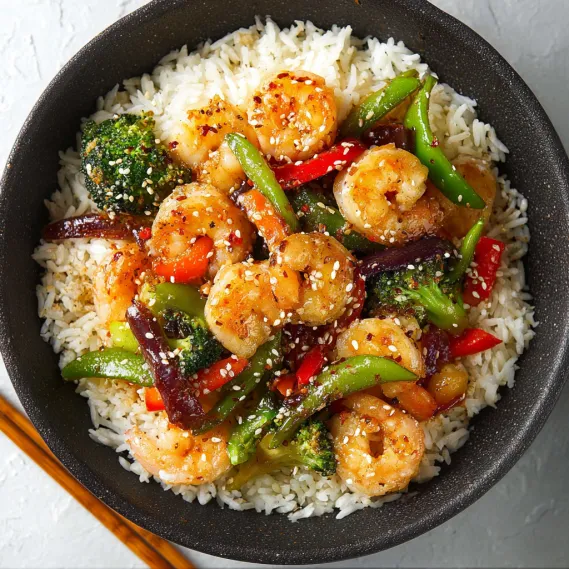 A bowl of shrimp stir fry with rice.