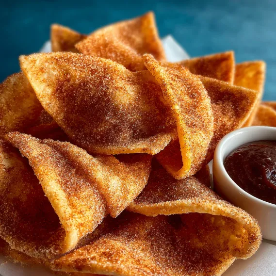 A plate of churro chips with chocolate sauce.