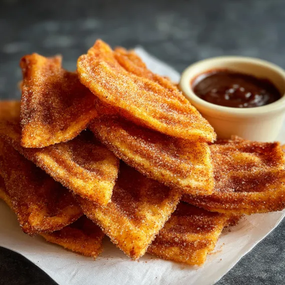 A plate of churro chips with chocolate sauce.