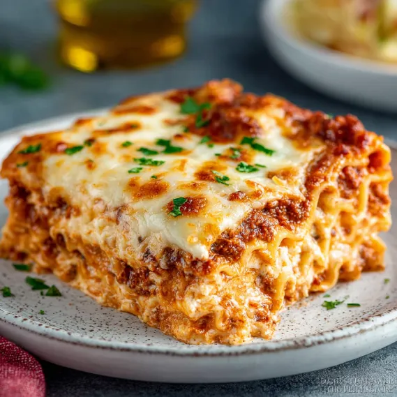 A plate of lasagna with a green garnish.