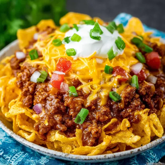 A bowl of Frito chili pie with green onions on top.