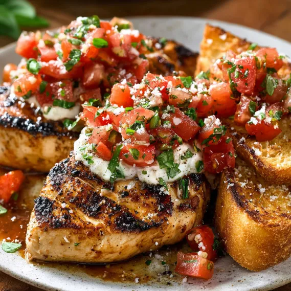 A plate of chicken with tomatoes and cheese.