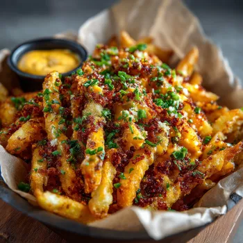 A bowl of fries with cheese and spices.