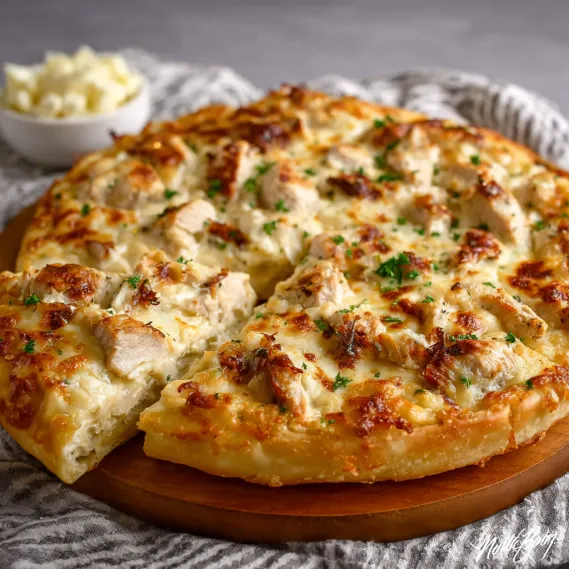 A slice of chicken Alfredo pizza.