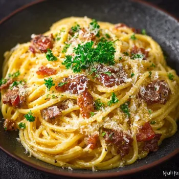 A plate of spaghetti with meat and cheese on top.