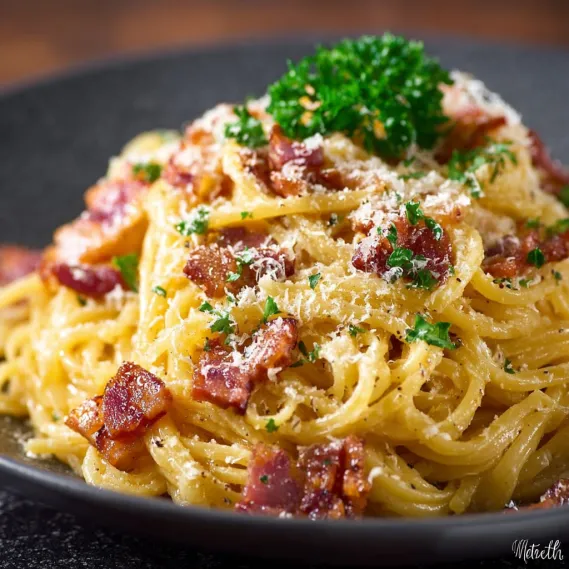 A plate of smoked beef spaghetti carbonara.