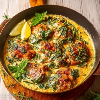 A bowl of creamy spinach chicken thighs.
