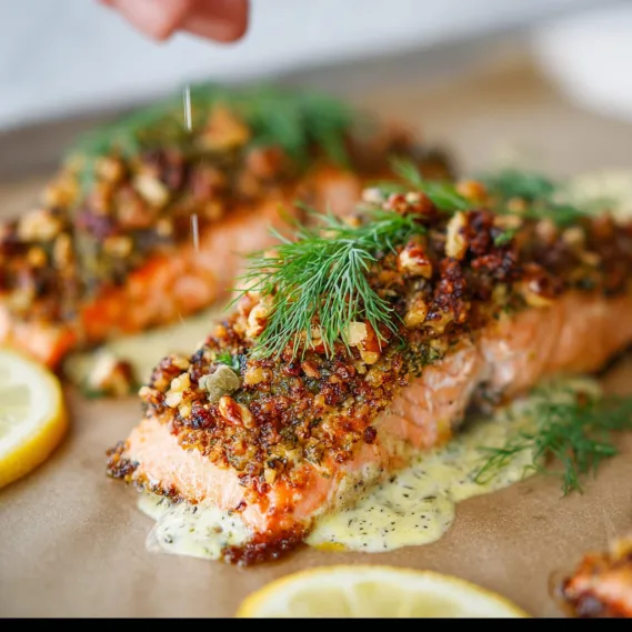 A dish of salmon with mustard and dill.