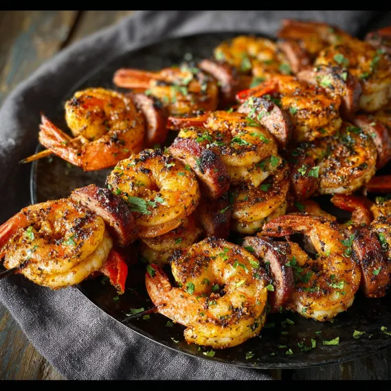 Grilled Cajun Shrimp and Sausage Skewers.