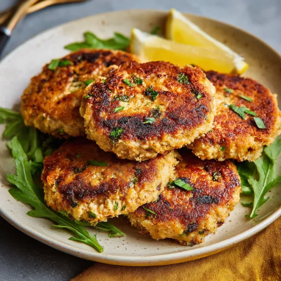 A plate of tuna patties with lemon wedges on top.