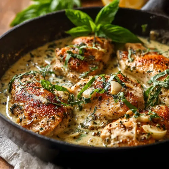 A skillet of chicken with garlic and basil.