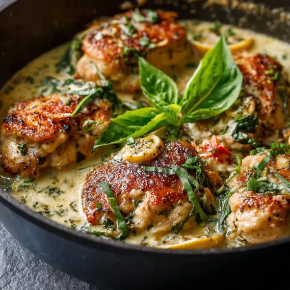 A skillet of chicken with garlic and basil.