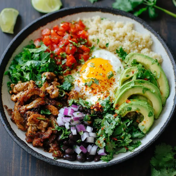 A plate of food with a fried egg, avocado, tomatoes, onions, and lime.