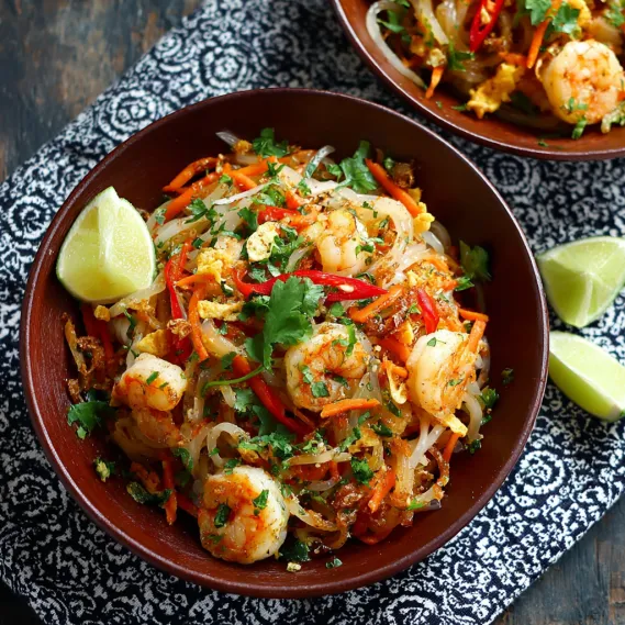 A bowl of shrimp pad thai with lime wedges on the side.
