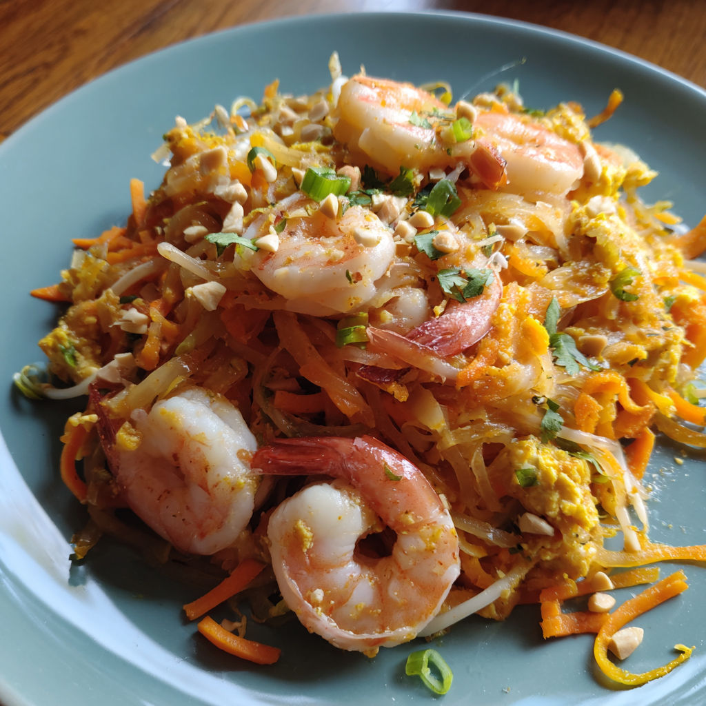 A plate of shrimp pad thai.
