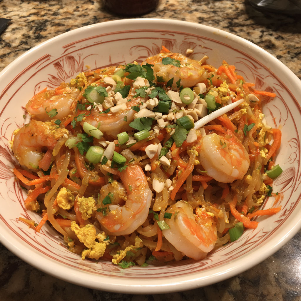 A bowl of shrimp and vegetables.