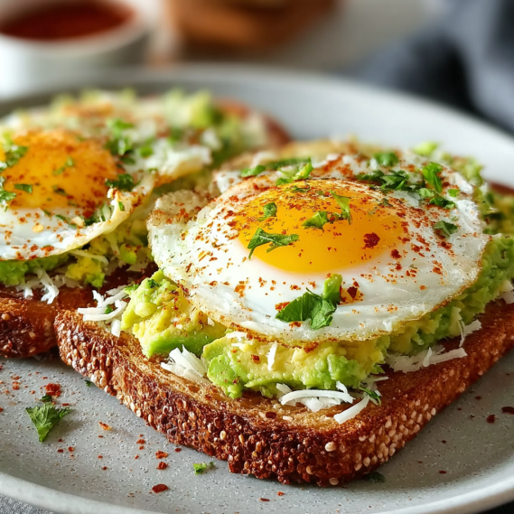 Two eggs on toast with avocado.
