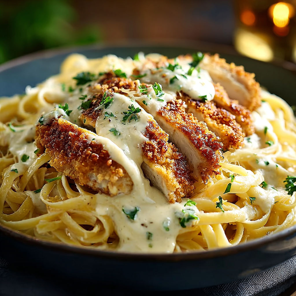 A plate of crispy chicken alfredo.