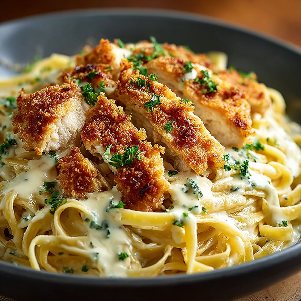 A bowl of pasta with chicken and herbs.