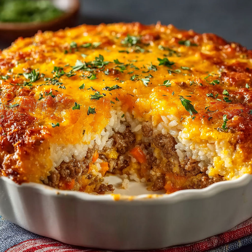 A cheesy ground beef and rice casserole.